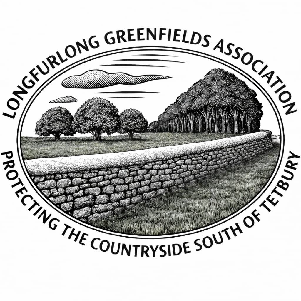 Logo of Longfurlong Greenfields Association with countryside and stone wall.